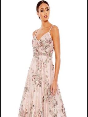 New Mac Duggal Size 8 Pink Rose Multi Embellished Spaghetti Strap A Line Gown